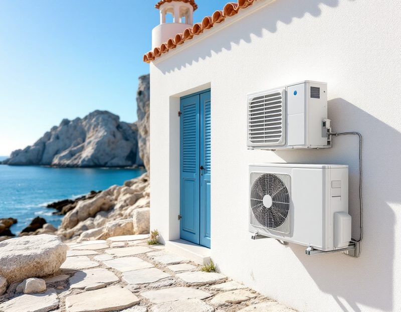 Groupes extérieurs de climatisation sur un cabanon en bord de mer